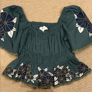 THE GREAT. Teal Blouse with Navy and White Floral Design